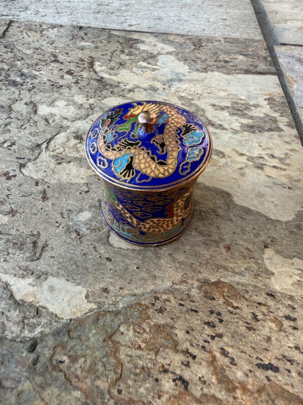 Vintage Small Chinese Cloisonné Enamel & Brass Dragon Trinket Snuff Box & Lid 2”